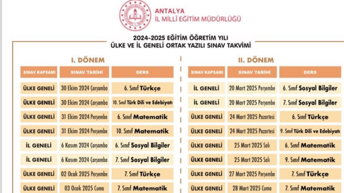 2024-2025 Eğitim Öğretim Yılı Ülke ve İl Geneli Ortak Yazılı Sınav Takvimi